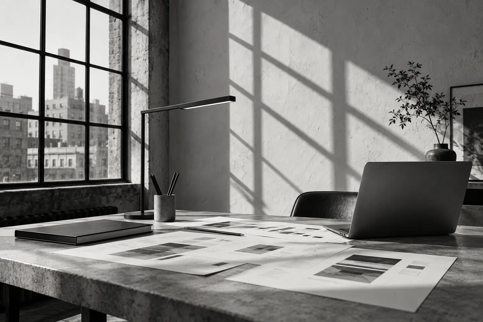 Composição editorial em preto e branco de uma mesa de trabalho criativo